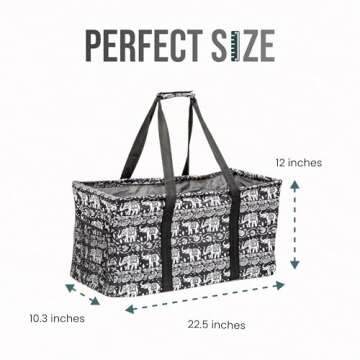 Lucazzi Extra Large Utility Tote Bag - Oversized Collapsible Reusable Wire Frame Rectangular Canvas Basket With Two Exterior Pockets For Beach, Pool, Laundry, Car Trunk, Storage - Elephant Black