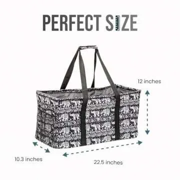 Lucazzi Extra Large Utility Tote Bag - Oversized Collapsible Reusable Wire Frame Rectangular Canvas Basket With Two Exterior Pockets For Beach, Pool, Laundry, Car Trunk, Storage - Elephant Black