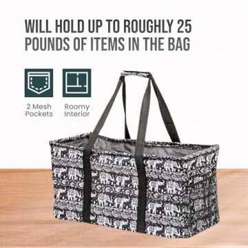 Lucazzi Extra Large Utility Tote Bag - Oversized Collapsible Reusable Wire Frame Rectangular Canvas Basket With Two Exterior Pockets For Beach, Pool, Laundry, Car Trunk, Storage - Elephant Black