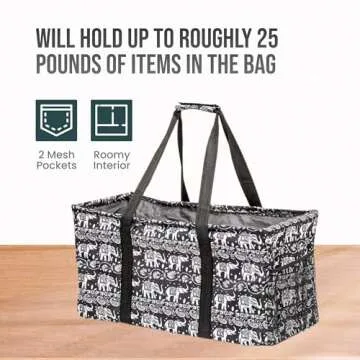 Lucazzi Extra Large Utility Tote Bag - Oversized Collapsible Reusable Wire Frame Rectangular Canvas Basket With Two Exterior Pockets For Beach, Pool, Laundry, Car Trunk, Storage - Elephant Black