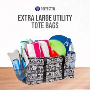 Lucazzi Extra Large Utility Tote Bag - Oversized Collapsible Reusable Wire Frame Rectangular Canvas Basket With Two Exterior Pockets For Beach, Pool, Laundry, Car Trunk, Storage - Elephant Black