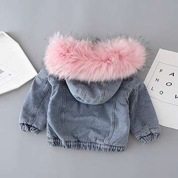 Toddler Baby Girls Faux Fur Collar Denim Jackets Hooded Thicken Fleece Long Sleeve Zipper Warm Cardigan Jean Coat Windproof Plush Winter Hoodie Outwear Snowsuit Birthday Christmas Clothes Pink 2-3