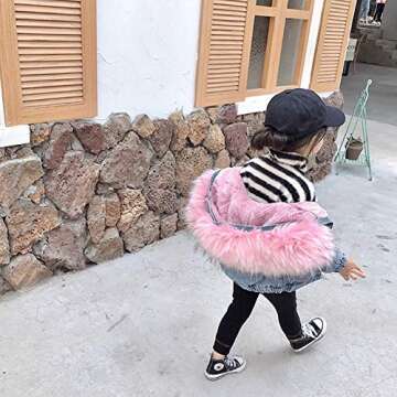 Toddler Baby Girls Faux Fur Collar Denim Jackets Hooded Thicken Fleece Long Sleeve Zipper Warm Cardigan Jean Coat Windproof Plush Winter Hoodie Outwear Snowsuit Birthday Christmas Clothes Pink 2-3
