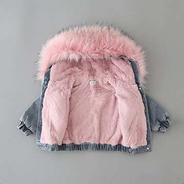 Toddler Baby Girls Faux Fur Collar Denim Jackets Hooded Thicken Fleece Long Sleeve Zipper Warm Cardigan Jean Coat Windproof Plush Winter Hoodie Outwear Snowsuit Birthday Christmas Clothes Pink 2-3