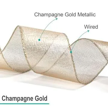 CT CRAFT LLC Champagne Gold Metallic Wired Ribbon 2.5 inch x 10 Yards for Christmas Home Decor Tree Topper Bow Gift Wrapping DIY Crafts Wreath Garland Wedding