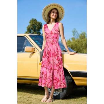 Newshows Women's 2025 Summer Dress Vacation V Neck Sleeveless Midi Dress Tiered Flowy Boho Sundress with Pockets(Pink Floral,S)