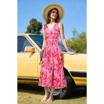 Newshows Women's 2025 Summer Dress Vacation V Neck Sleeveless Midi Dress Tiered Flowy Boho Sundress with Pockets(Pink Floral,S)