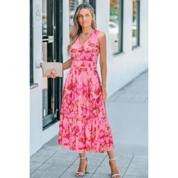 Newshows Women's 2025 Summer Dress Vacation V Neck Sleeveless Midi Dress Tiered Flowy Boho Sundress with Pockets(Pink Floral,S)