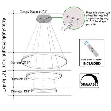 DEARLAN Modern Chandelier Lighting Dimmable LED Ceiling Dining Room Chandeliers Contemporary Pendant Lights Fixtures Living Room Hanging 3 Ring Foyer Bedroom Warm White Light White Shade