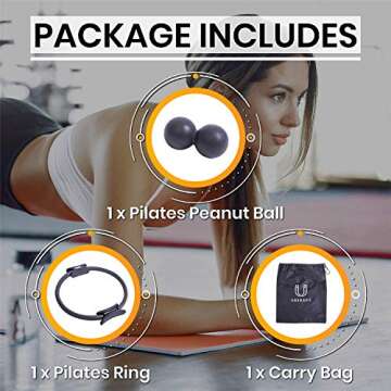 Pilates Fitness Ring Circle and Ball Bundle Set - 14” Pilates Ring with Handle, Yoga Peanut Ball, Carrying Bag - Body Toning Resistance Band for Improving Core Strength, Flexibility, Posture Sculpting