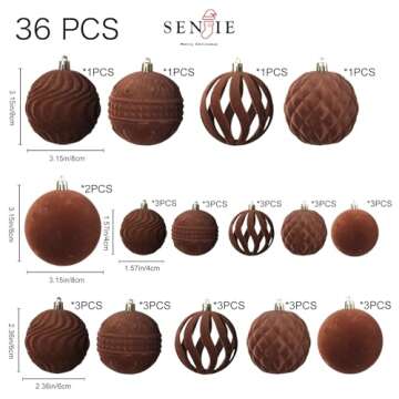 Senjie Velvet Christmas Balls Flocked Christmas Tree Ball Ornaments 36Pcs Plastic Balls Xmas Decorative Hanging Ornaments Brown