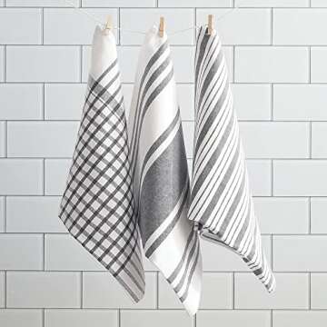 mDesign Kitchen Towel Set, 100% Cotton, Striped Pattern, Store in Drawers, Cabinets or Hang on Racks, Set of 3 - Gray