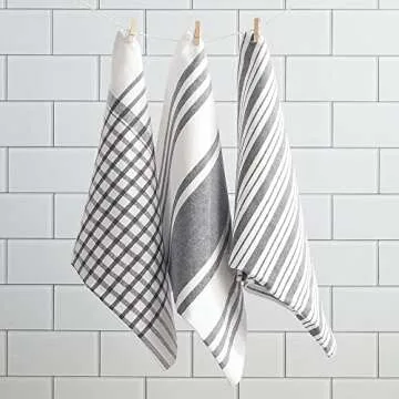 mDesign Kitchen Towel Set, 100% Cotton, Striped Pattern, Store in Drawers, Cabinets or Hang on Racks, Set of 3 - Gray