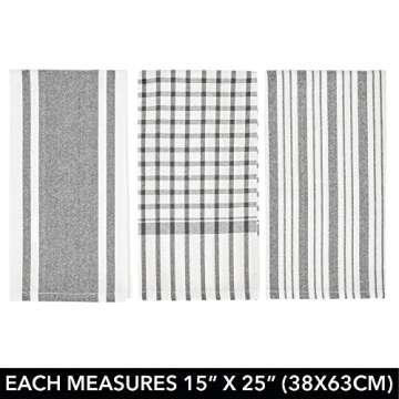 mDesign Kitchen Towel Set, 100% Cotton, Striped Pattern, Store in Drawers, Cabinets or Hang on Racks, Set of 3 - Gray
