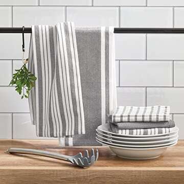 mDesign Kitchen Towel Set, 100% Cotton, Striped Pattern, Store in Drawers, Cabinets or Hang on Racks, Set of 3 - Gray