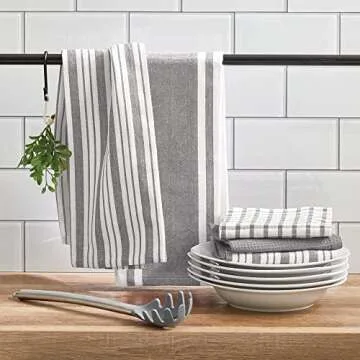 mDesign Kitchen Towel Set, 100% Cotton, Striped Pattern, Store in Drawers, Cabinets or Hang on Racks, Set of 3 - Gray