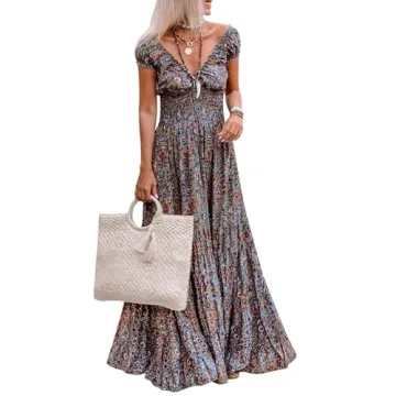 miduo Womens 2024 Summer Fashion Boho Dress V Neck Short Puff Sleeve Print Smocked High Waist Maxi L...