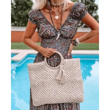 miduo Womens 2024 Summer Fashion Boho Dress V Neck Short Puff Sleeve Print Smocked High Waist Maxi Long Dresses XL