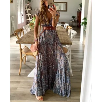 miduo Womens 2024 Summer Fashion Boho Dress V Neck Short Puff Sleeve Print Smocked High Waist Maxi Long Dresses XL