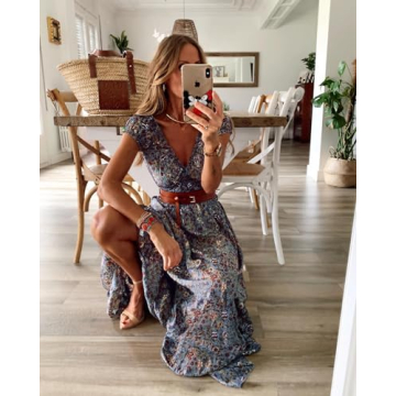 miduo Womens 2024 Summer Fashion Boho Dress V Neck Short Puff Sleeve Print Smocked High Waist Maxi Long Dresses XL