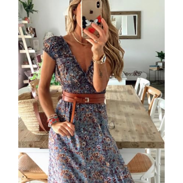 miduo Womens 2024 Summer Fashion Boho Dress V Neck Short Puff Sleeve Print Smocked High Waist Maxi Long Dresses XL