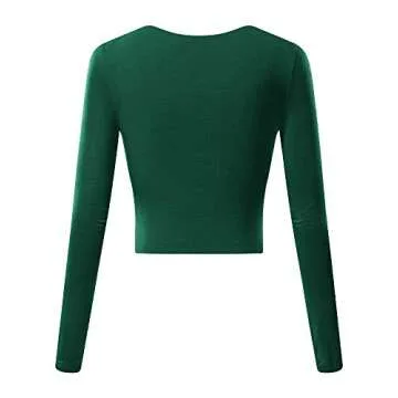 VETIOR Green Crop Top Cute Long Sleeve Criss Cross V Neck Shirts Tops for Women Trendy Going Out Medium Dark Green