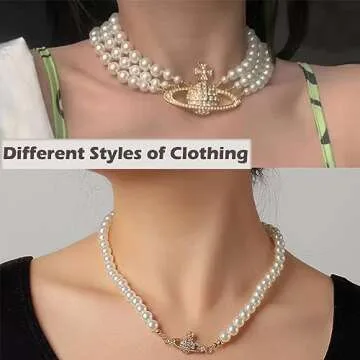 Saturn Necklace for Women - 2Pcs Saturn Pearl Necklace & White Pearl Choker Necklace Set, Mothers Va...