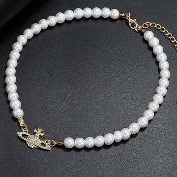 Saturn Necklace for Women - 2Pcs Saturn Pearl Necklace & White Pearl Choker Necklace Set, Mothers Valentines Day Anniversary Birthday Christmas Jewelry Gifts for Her Mom Wife丨Gold Saturn Pendant