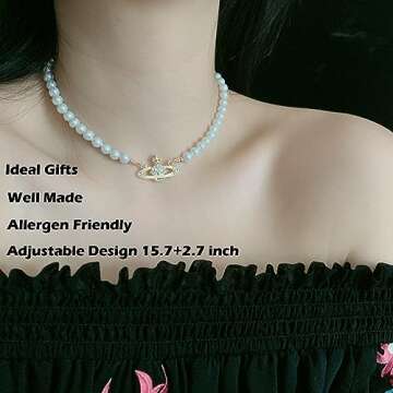 Saturn Necklace for Women - 2Pcs Saturn Pearl Necklace & White Pearl Choker Necklace Set, Mothers Valentines Day Anniversary Birthday Christmas Jewelry Gifts for Her Mom Wife丨Gold Saturn Pendant