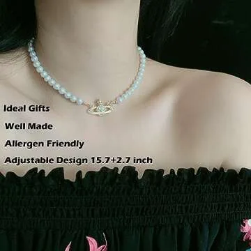 Saturn Necklace for Women - 2Pcs Saturn Pearl Necklace & White Pearl Choker Necklace Set, Mothers Valentines Day Anniversary Birthday Christmas Jewelry Gifts for Her Mom Wife丨Gold Saturn Pendant