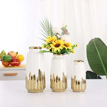 White Gold Ceramic Flower Vase Modern Decorative Vase Handmade Gold-Tone-Mouth Vase ​- Ideal Gifts for Friends and Family, for Home, Wedding, Party, Table Centerpieces Decor