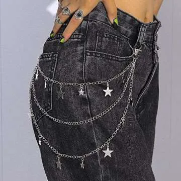 Zehope Layered Stars Pants Chains Silver Goth Punk Jean Wallet Chains Heavy Biker Pocket Accessories for Women and Men