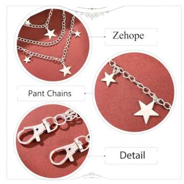 Zehope Layered Stars Pants Chains Silver Goth Punk Jean Wallet Chains Heavy Biker Pocket Accessories for Women and Men
