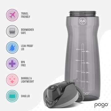 Pogo 64oz Plastic Water Bottle with Leak-Proof Chug Lid and Carry Handle, Reusable, BPA Free, Capacity Markings, Dishwasher Safe, Perfect for Travel, School, Outdoors, and Gym, Grey