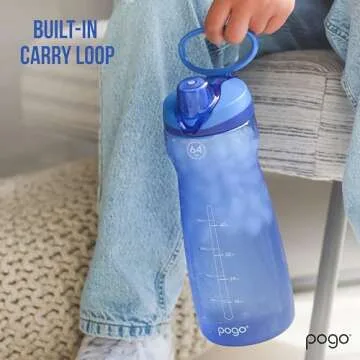 Pogo 64oz Plastic Water Bottle with Leak-Proof Chug Lid and Carry Handle, Reusable, BPA Free, Capacity Markings, Dishwasher Safe, Perfect for Travel, School, Outdoors, and Gym, Grey