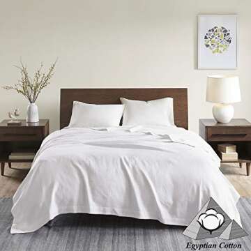 Madison Park Egyptian Cotton Luxury Blanket White 108x90 King Size Knit Premium Soft Cozy 100% Cerified Egyptian Cotton For Bed, Couch or Sofa