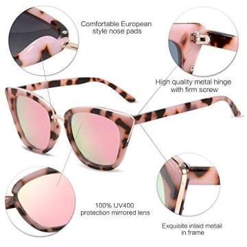 SOJOS Cat Eye Designer Sunglasses Fashion UV400 Protection Glasses SJ2052 with Pink Tortoise Frame/Pink Mirrored Lens