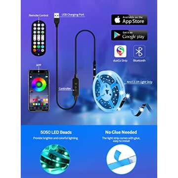 MATICOD LED Lights for TV Led Backlight, 13.1ft RGB Led Strip Lights for TV Lights Behind, TV LED Lights for 45-60in TV with Bluetooth Smart App Remote Control Music Sync, USB Powered RGB 5050