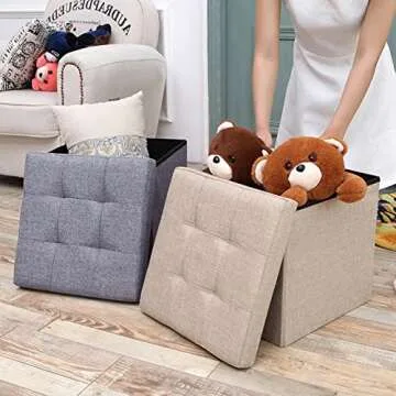 WoneNice Folding Storage Ottoman Cube Foot Rest Stool Seat- 15" x 15" (Linen Beige)