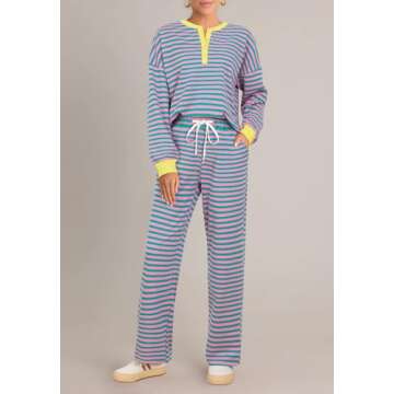 BWQ Women 2 Piece Striped Lounge Set Button Sweatshirt Matching Pants Set Causal Tracksuit Outfits Loungewear Pink Green Medium