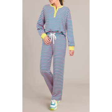 BWQ Women 2 Piece Striped Lounge Set Button Sweatshirt Matching Pants Set Causal Tracksuit Outfits Loungewear Pink Green Medium
