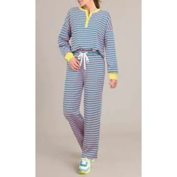 BWQ Women 2 Piece Striped Lounge Set Button Sweatshirt Matching Pants Set Causal Tracksuit Outfits Loungewear Pink Green Medium