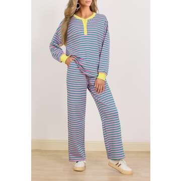 BWQ Women 2 Piece Striped Lounge Set Button Sweatshirt Matching Pants Set Causal Tracksuit Outfits Loungewear Pink Green Medium