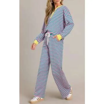 BWQ Women 2 Piece Striped Lounge Set Button Sweatshirt Matching Pants Set Causal Tracksuit Outfits Loungewear Pink Green Medium