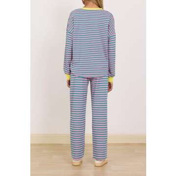 BWQ Women 2 Piece Striped Lounge Set Button Sweatshirt Matching Pants Set Causal Tracksuit Outfits Loungewear Pink Green Medium