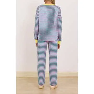 BWQ Women 2 Piece Striped Lounge Set Button Sweatshirt Matching Pants Set Causal Tracksuit Outfits Loungewear Pink Green Medium