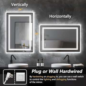 SNUGACE 24"x 40" LED Bathroom Mirror with Black Frame, Stepless Dimmable, Anti-Fog, Shatter-Proof, Memory, 3 Colors, LED Vanity Mirror