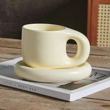 Koythin Ceramic Coffee Chubby Mug Saucer Set, Creative Cute Fat Handle Cup with Saucer for Office an...