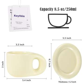Koythin Ceramic Coffee Chubby Mug Saucer Set, Creative Cute Fat Handle Cup with Saucer for Office and Home, Dishwasher and Microwave Safe, 10 oz for Latte Tea Milk (Beige)