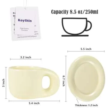 Koythin Ceramic Coffee Chubby Mug Saucer Set, Creative Cute Fat Handle Cup with Saucer for Office and Home, Dishwasher and Microwave Safe, 10 oz for Latte Tea Milk (Beige)